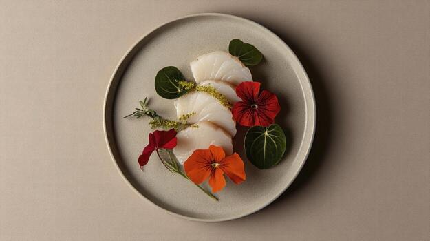 un plato con algunos vegetales y flores en eso foto