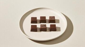 A plate with four pieces of chocolate on it photo