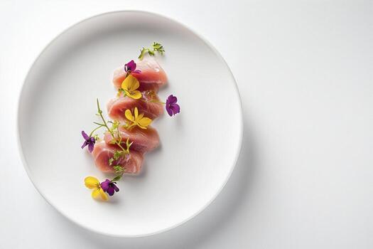 un plato con atún y flores en eso foto