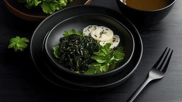 A bowl of greens with a fork and spoon photo