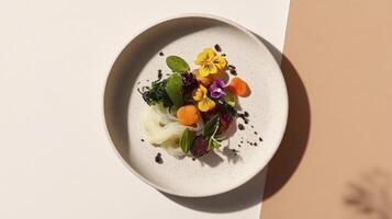 A plate with vegetables and flowers on it photo