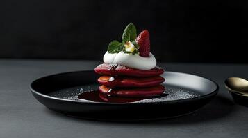 A stack of pancakes with strawberries and whipped cream photo