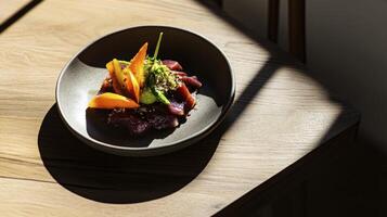 A bowl of food sitting on top of a wooden table photo