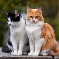 Two cats sitting on a wooden table in front of a blurred background photo