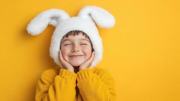 Smiling child with closed eyes wearing a hat with bunny ears on a yellow background. photo