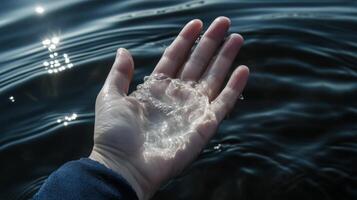 Hand holding glistening water droplets against a calm lake, symbolizing purity, renewal, and mindfulness. The sunlight reflections enhance the serene and meditative mood photo
