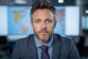 Mature caucasian man in business attire with world map background in office setting photo