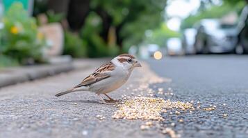 Close up of sparrow pecking seeds on urban street. World Sparrow Day photo