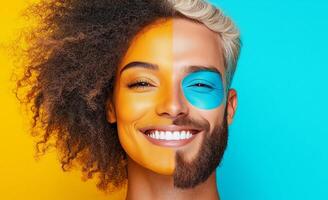 Creative split portrait of a smiling person expressing duality and individuality through contrasting styles and vibrant face paint. Celebrates inclusivity, self-expression, and gender diversity photo