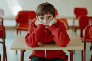 Sad young boy in a red sweater sitting alone at a school desk, resting his head on his hands. A concept of boredom, loneliness, or struggles in education photo