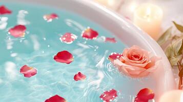 A dreamy spa-like bathtub filled with turquoise water, scattered rose petals, and glowing candles. A perfect scene for relaxation and self care photo