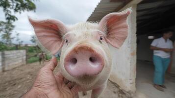Close-up of a cute farm pig with a pink snout, being gently held by a person outdoors with a rural setting in the background. photo
