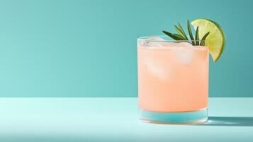 Refreshing pink cocktail with a lime wedge and fresh rosemary in a glass, set against a teal background. Perfect for summer vibes. photo
