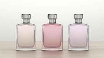 Three elegant glass bottles perfume with pastel-colored liquids on wood surface. photo