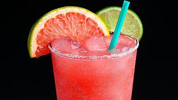 A vibrant pink citrus cocktail with grapefruit and lime, topped with a fizzy sparkle. A refreshing and tangy summer drink. photo