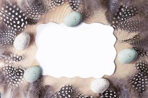 Flat lay blank greeting card mock up scene easter with chocolate eggs on a wooden background photo