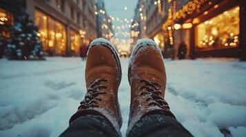 POV shot of snowy boots resting on a wintery street with festive city lights. Cozy winter moment photo