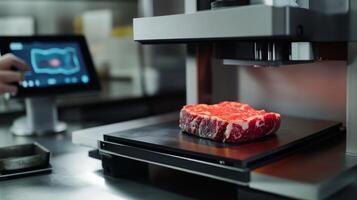 A piece of raw beef steak rests on precise scale in modern kitchen. A digital control panel, high-tech meat preparation photo