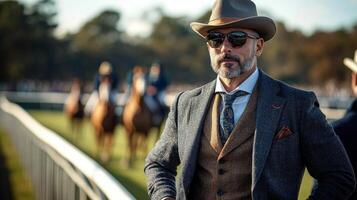 A gentleman stands at a horse racing event, in elegant Old Money style attire. High society at a prestigious racecourse photo