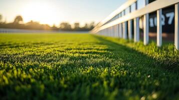 A close-up view of a racecourse with trimmed green grass and a white fence. Sun casts glow over racetrack, lush lawn photo