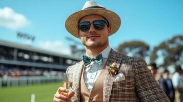 A gentleman an Old Money style suit stands at a racecourse during a spring horse racing event. Elegance and aristocrac photo