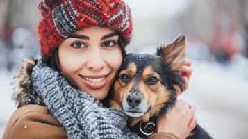 Young woman in winter attire hugging a small dog in snowy setting. companionship, friendship, pet care. Pet adoption photo