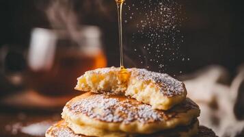 Close-up of a stack of pancakes, dusted with powdered sugar. Syrup or honey drizzles down, a tempting homemade breakfast photo