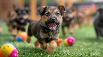 Group of playful puppies running on green grass with colorful balls around. Furry animals having fun. Joy, playfulness photo
