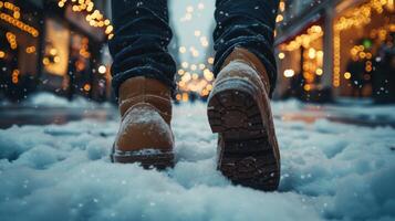 Low angle view of snowy boots walking on a festive winter street, illuminated by warm bokeh lights photo
