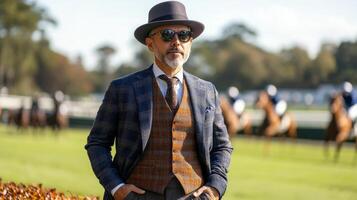A distinguished gentleman in old money style suit stands at a prestigious racecourse during spring event. Horses racing photo