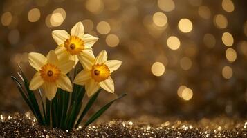 Yellow daffodils bloom gracefully, on shimmering golden bokeh background with copy space. St. Davids Day and Womens Day photo