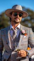 A stylish gentleman dressed in a classic checked suit and fedora enjoys a drink at a spring horse racing event. The atmosphere reflects high society and elegance. photo