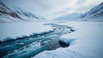 A river flows through a snowy mountain range photo
