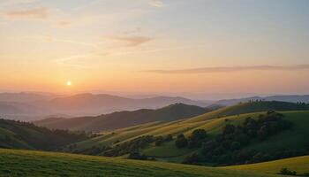 A view of the sun setting over a green hill photo