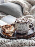 Cozy hot chocolate with marshmallows and toast on a wooden tray photo