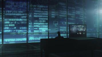 Laptop with infographics on the table. 3D render video