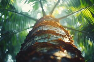 Low Angle View of a Palm Tree Trunk with Green Leaves photo