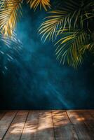 An empty wooden room with blue walls and palm trees photo