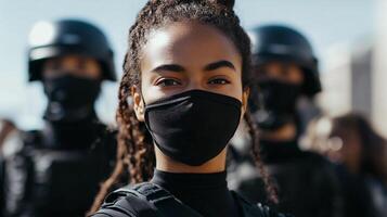 A powerful image of a woman in a mask standing strong with police officers behind her during a protest photo