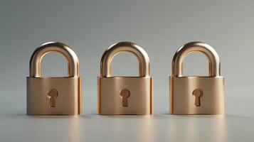 Three golden padlocks aligned in a row symbolizing security and protection for valuable assets online safety photo