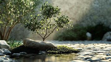 Serene garden scene with a small tree growing on rocks surrounded by water and lush greenery in soft light photo