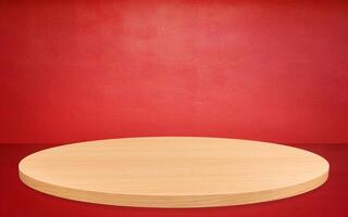 Round wooden platform, round wooden blocks, red background. photo