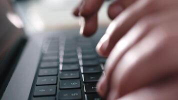 Close up, macro shot of man hands typing on laptop computer keyboard and surfing the internet on office table, online, working, business and technology, internet network communication concept video