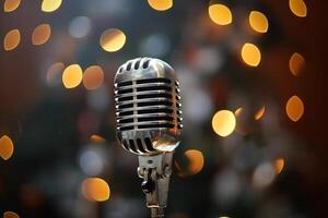 Microphone on a microphone stand with a blurry background photo