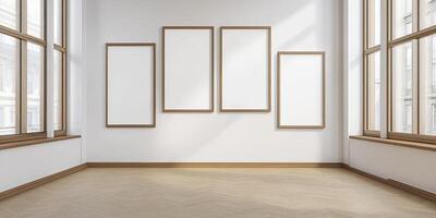 Imagine a bright room with empty wooden frames on a white wall and large windows letting in sunlight. Its perfect as a gallery or modern office, offering a creative and inspiring atmosphere photo