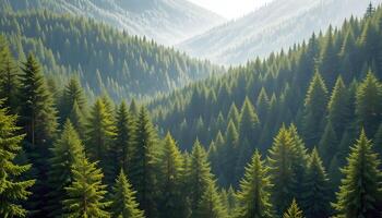 Vast Forest of Coniferous Trees on Hilly Terrain with Gradient Light and Shadows for Scenic and Natural Beauty photo