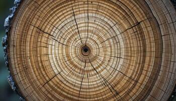 Close-up of Tree Trunk Cross-section with Visible Growth Rings, Radial Cracks, and Wood Texture on Natural Background for Educational and Decorative Purpose photo