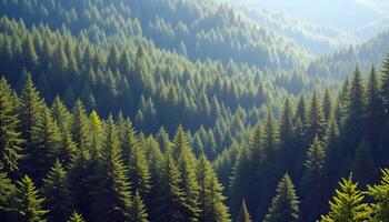 Dense Forest of Evergreen Trees Covering Hills with Sunlight Filtering Through for Nature and Environmental Themes photo
