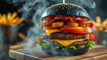 Classic Burger Deluxe with Swiss Cheese and Loaded Bacon Ranch Fries A Comforting Favorite photo