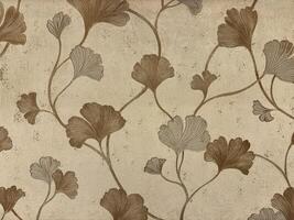 Golden classic wallpaper in floral and leaves foliage pattern, flower shape and curves branches, feminine and European classi wall covering theme. Seamles background texture. photo